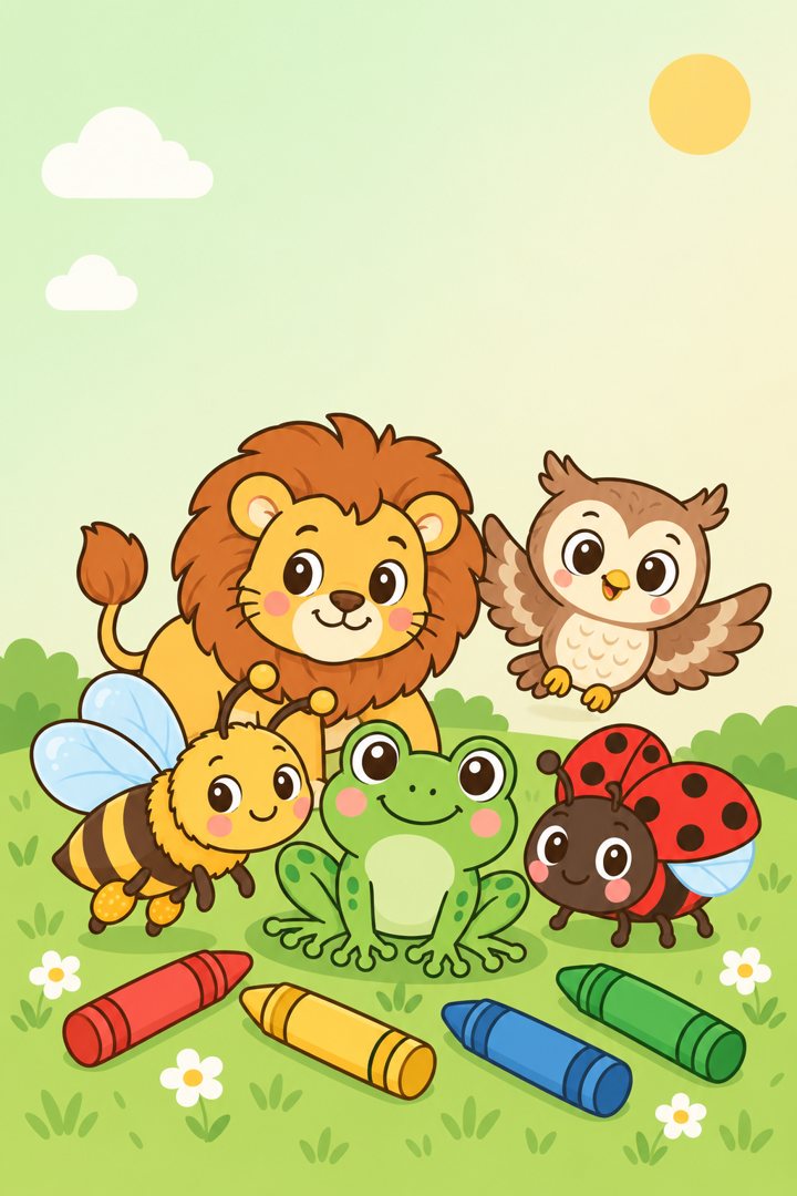 Malbuch-Cover: Löwe, Eule, Biene, Frosch und Marienkäfer auf einer Wiese mit Wachsmalstiften