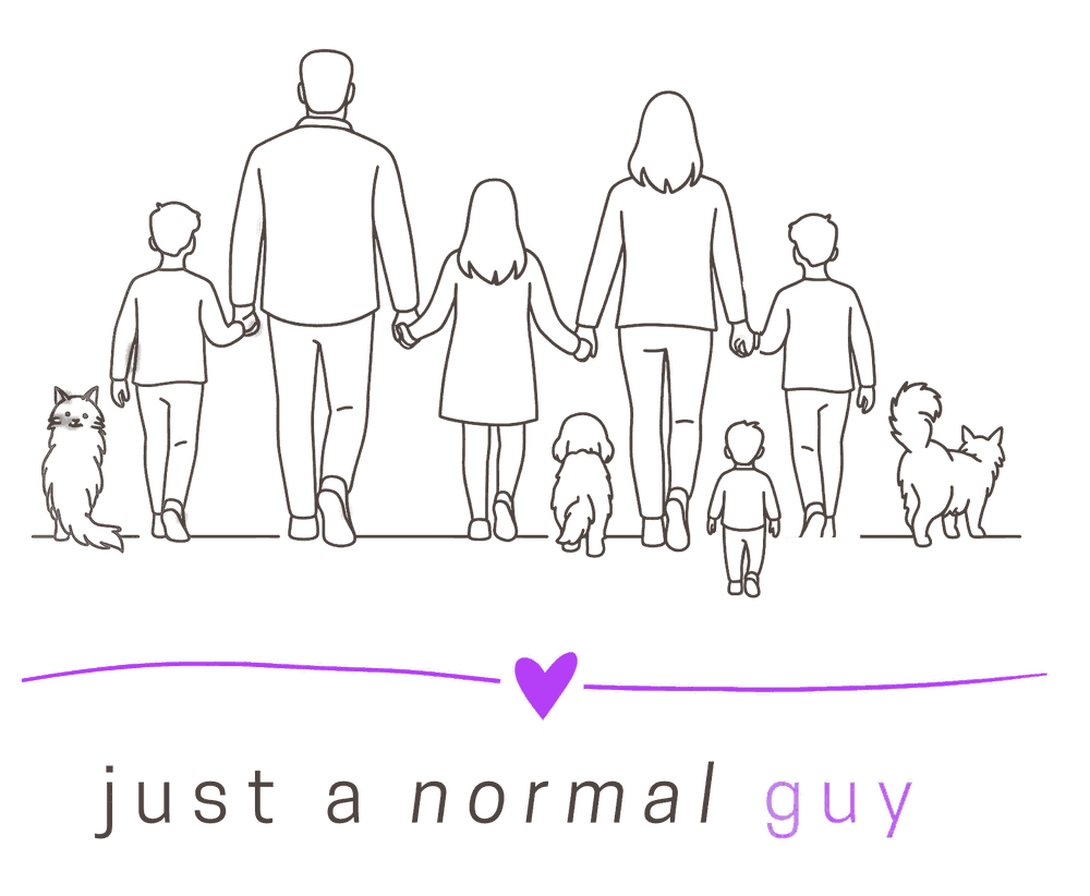 just a normal guy — die Familie von hinten, Hand in Hand, mit zwei Katzen und einem Hund