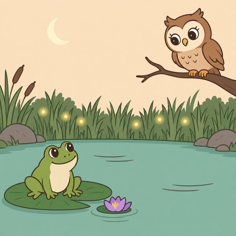 Frosch Ferdinand auf dem Seerosenblatt, Eule Emma auf dem Ast